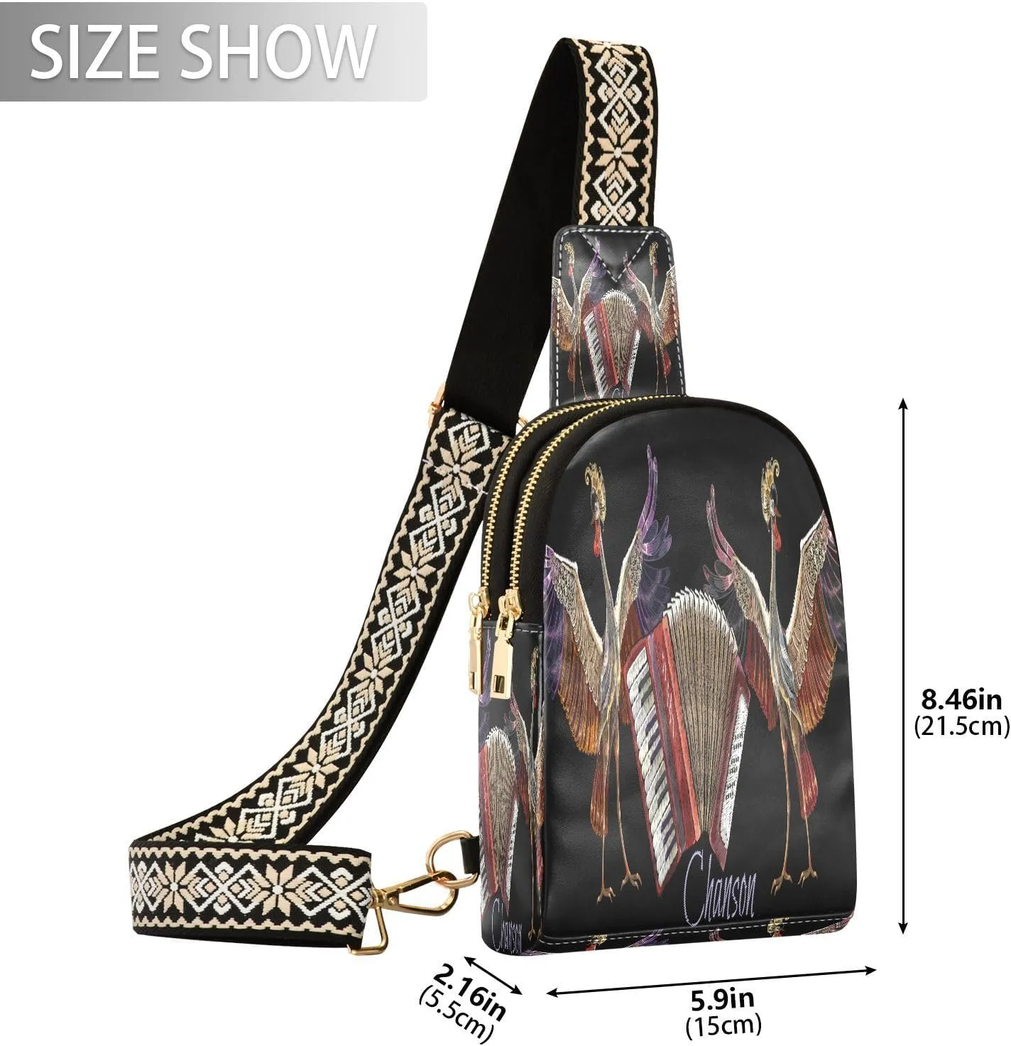 Embroidery Crane Birds Trendy Crossbody Bag Fashion Waist Packs Accordion Music Cross Body Leather Chest Bag for Women Fanny Pack Travel Outdoor