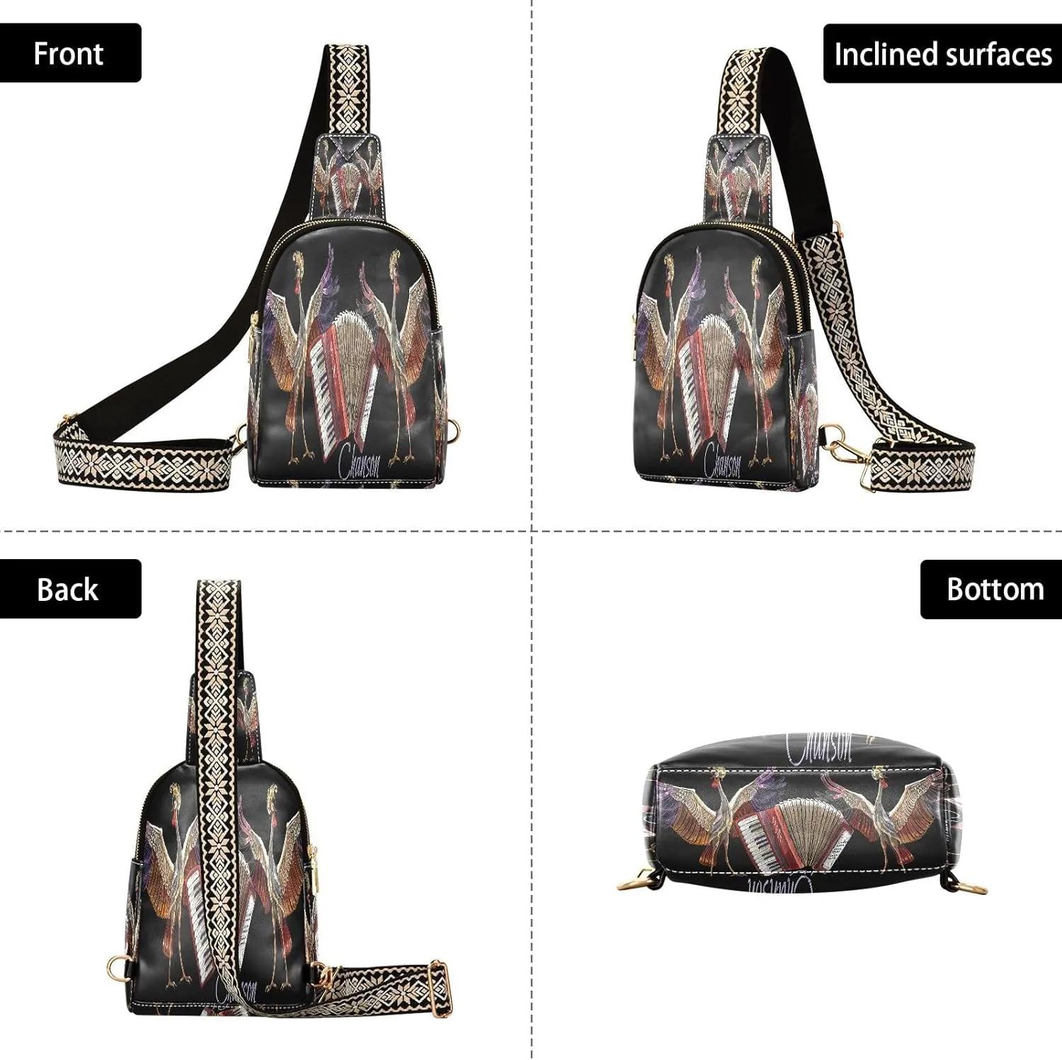 Embroidery Crane Birds Trendy Crossbody Bag Fashion Waist Packs Accordion Music Cross Body Leather Chest Bag for Women Fanny Pack Travel Outdoor