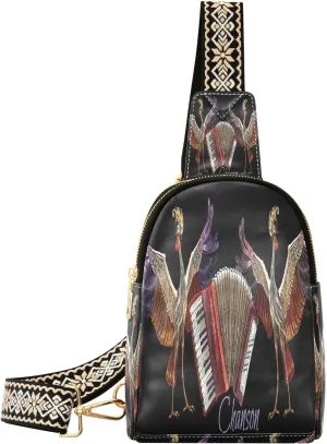 Embroidery Crane Birds Trendy Crossbody Bag Fashion Waist Packs Accordion Music Cross Body Leather Chest Bag for Women Fanny Pack Travel Outdoor