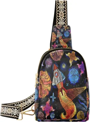 Embroidery Space Rocket Fashion Leather Crossbody Bag for Women Trendy Crossbody Purse Fanny Pack with Adjustable Strap