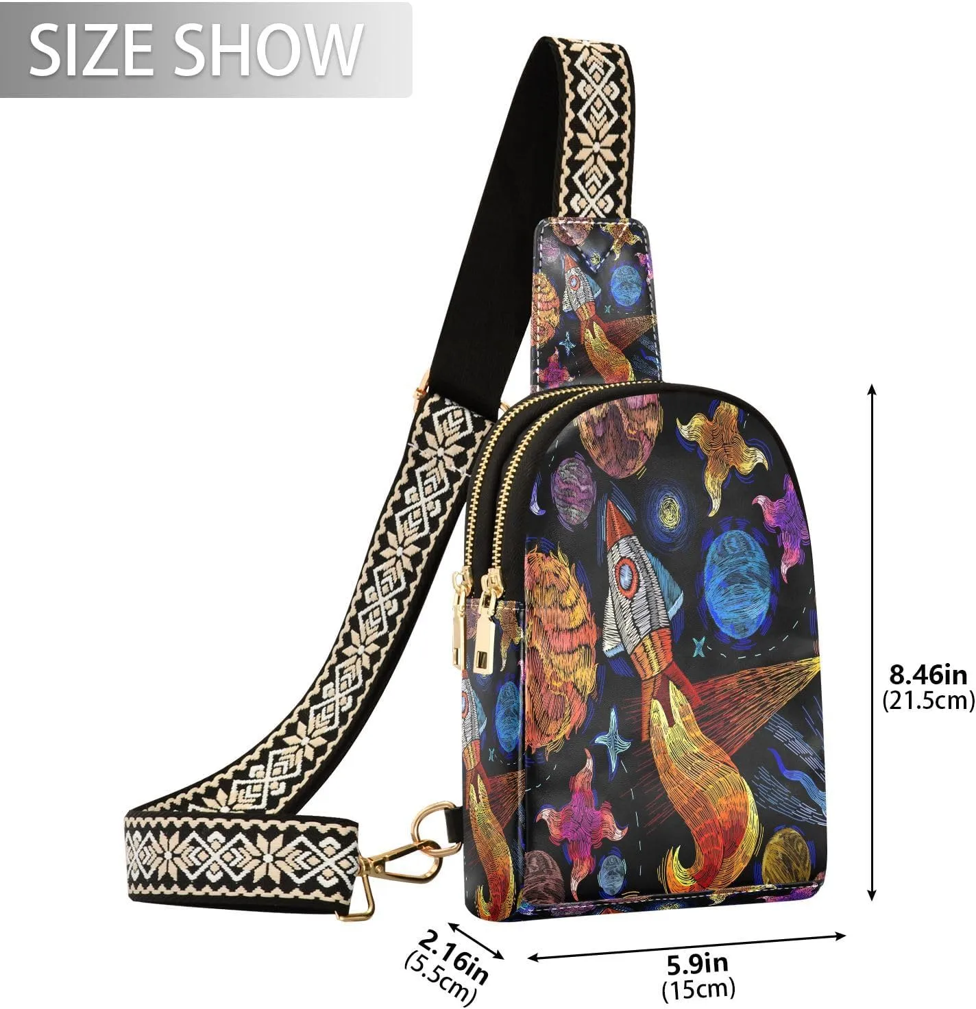 Embroidery Space Rocket Fashion Leather Crossbody Bag for Women Trendy Crossbody Purse Fanny Pack with Adjustable Strap