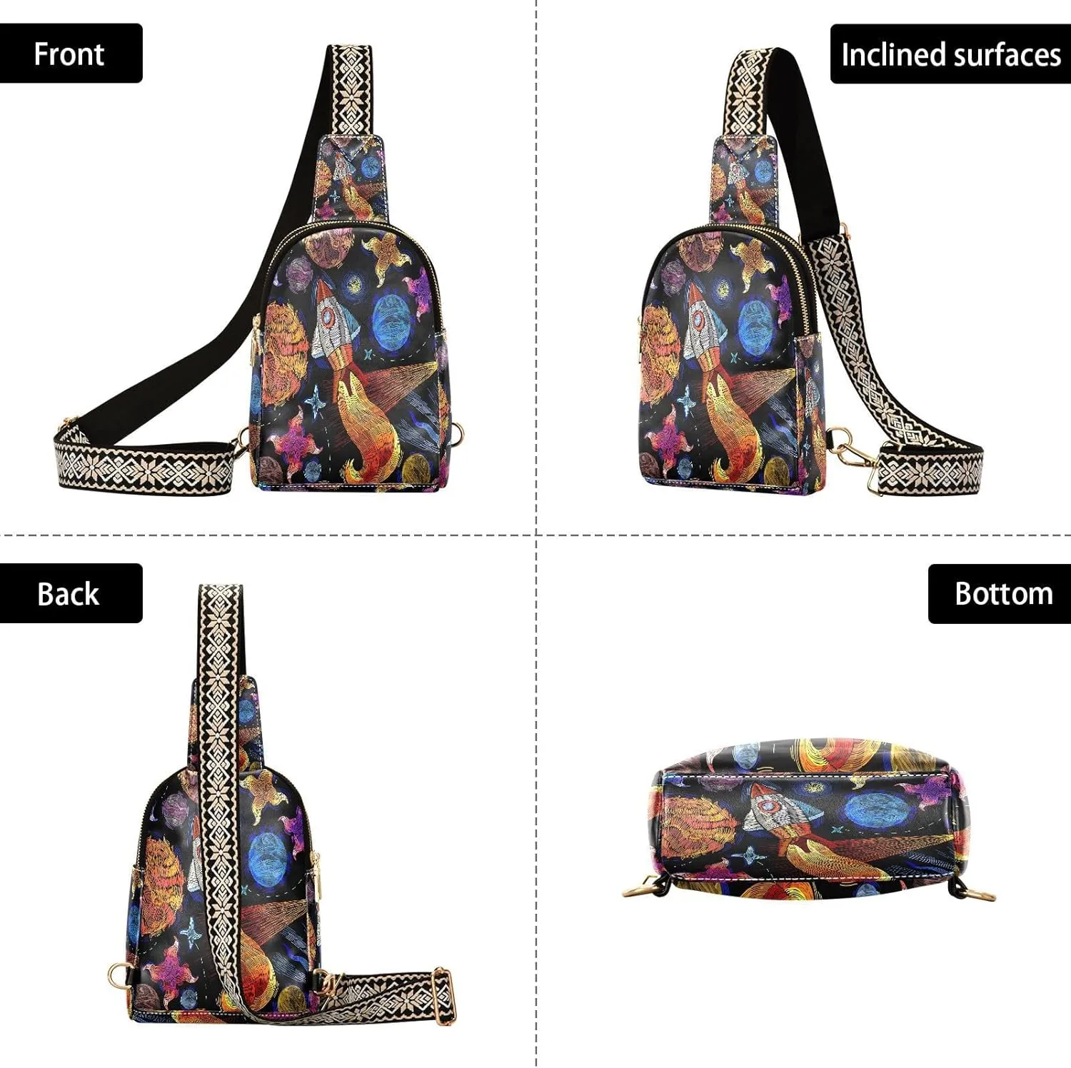 Embroidery Space Rocket Fashion Leather Crossbody Bag for Women Trendy Crossbody Purse Fanny Pack with Adjustable Strap