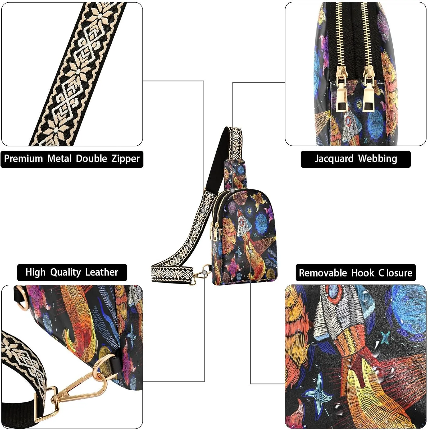 Embroidery Space Rocket Fashion Leather Crossbody Bag for Women Trendy Crossbody Purse Fanny Pack with Adjustable Strap