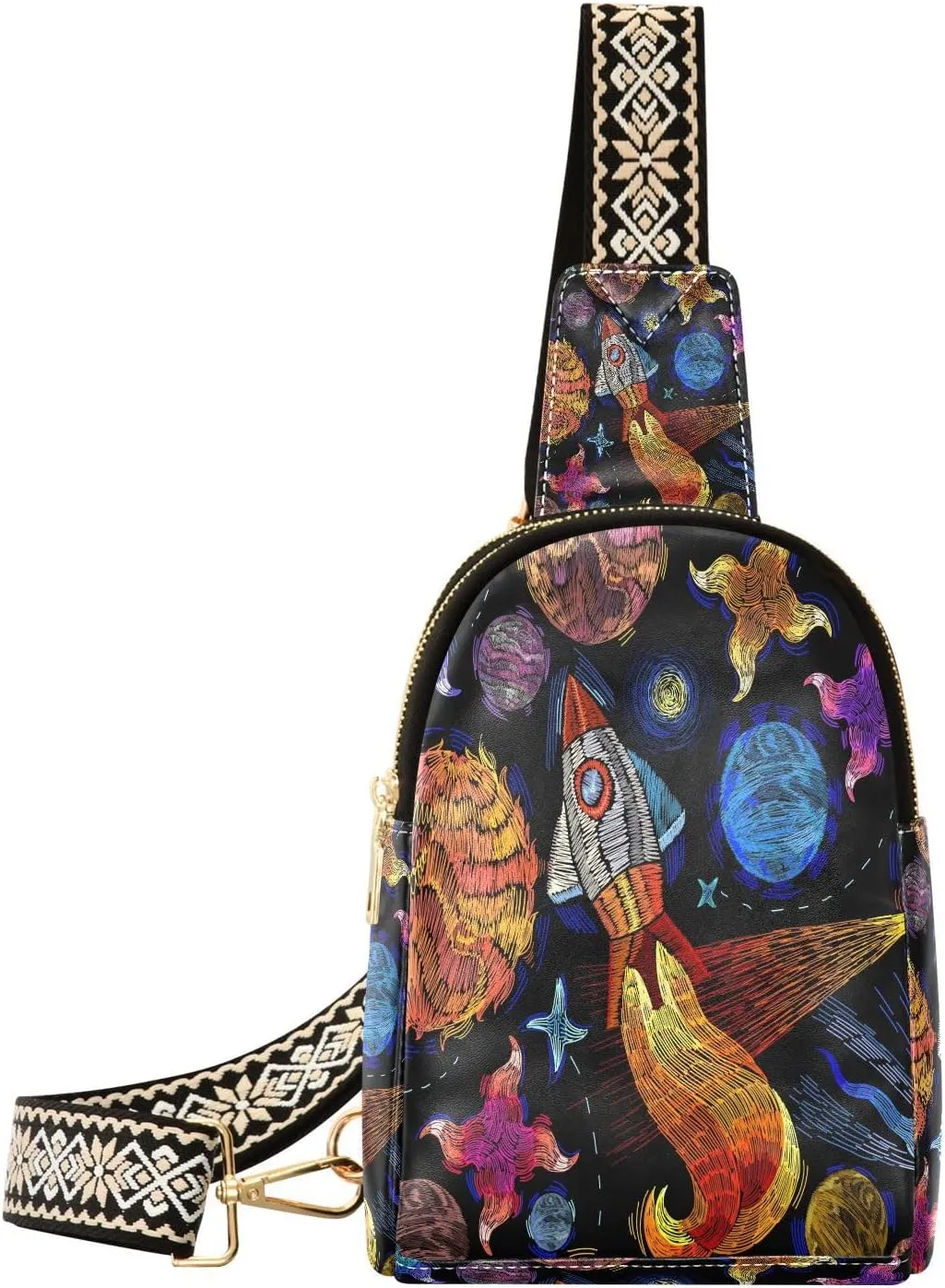 Embroidery Space Rocket Fashion Leather Crossbody Bag for Women Trendy Crossbody Purse Fanny Pack with Adjustable Strap