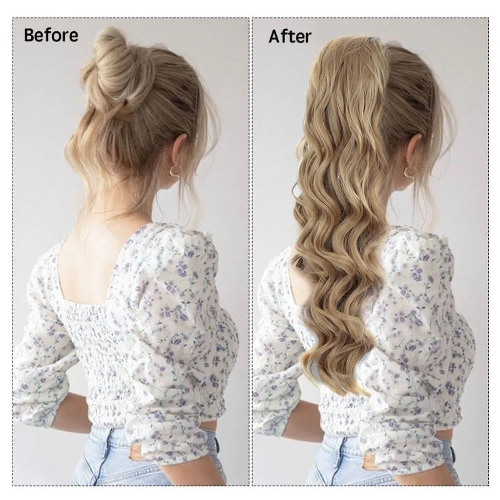 ENGENDER Hair Bun 20inches Long Wavy Drawstring Ponytail Faux Wig Women Claw Clip Hair Extension Ponytail Hair Extensions Hair Bun Hair Piece(01)