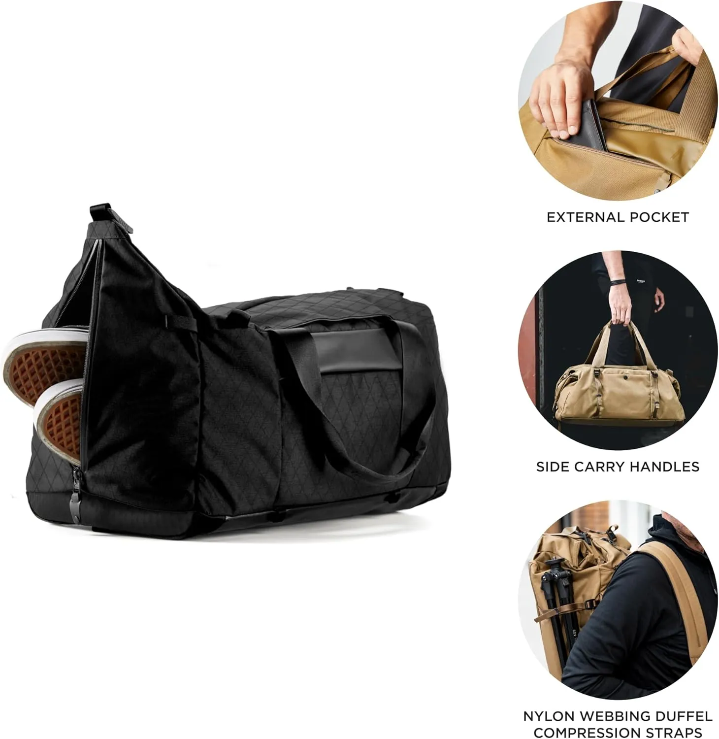 Errant Modular Duffel Bag Jet Black X-Pac – 35L Weekender, Travel Duffel Backpack, Waterproof, Ventilated Wet/Dry Compartment