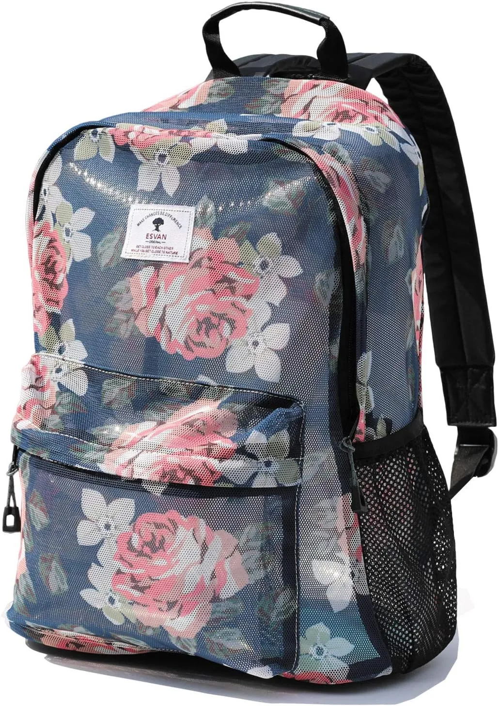 ESVAN Original Print Mesh Backpack Semi-Transparent Sackpack See Through Beach Bag Daypack Multi-Purpose Women Men Unisex