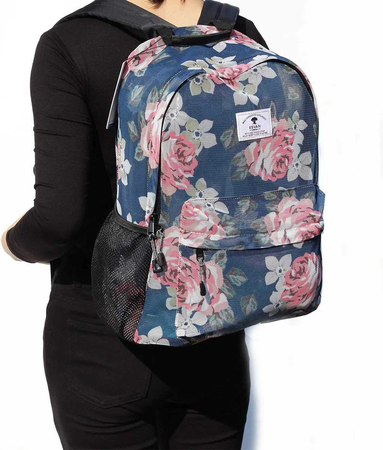 ESVAN Original Print Mesh Backpack Semi-Transparent Sackpack See Through Beach Bag Daypack Multi-Purpose Women Men Unisex