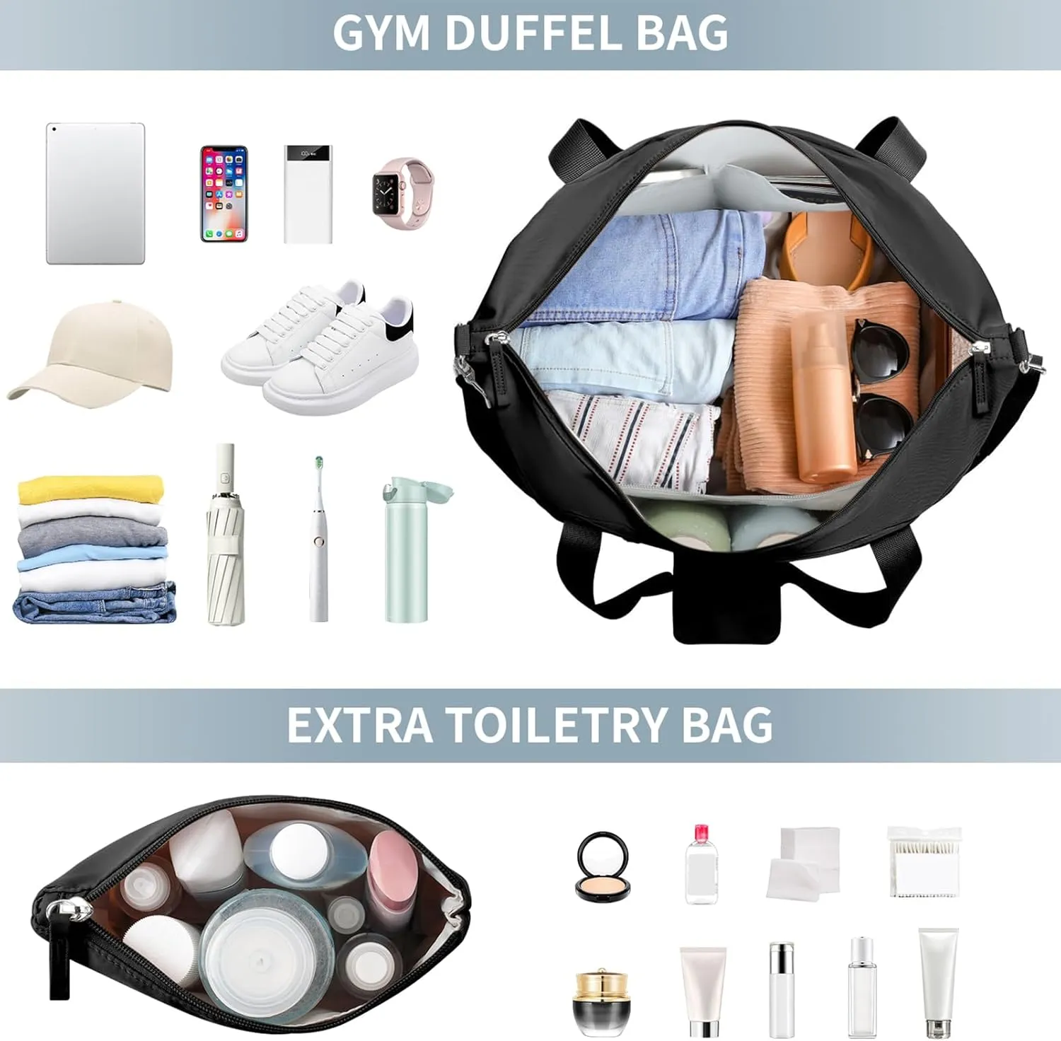ETRONIK Gym Bag for Women, 47L Carry On Travel Duffel Bag with Shoes Compartment, Weekender Overnight Bag with Wet Pocket & USB Charging Port for Women, Travel, Gym, Weekend, Large Size (Black)