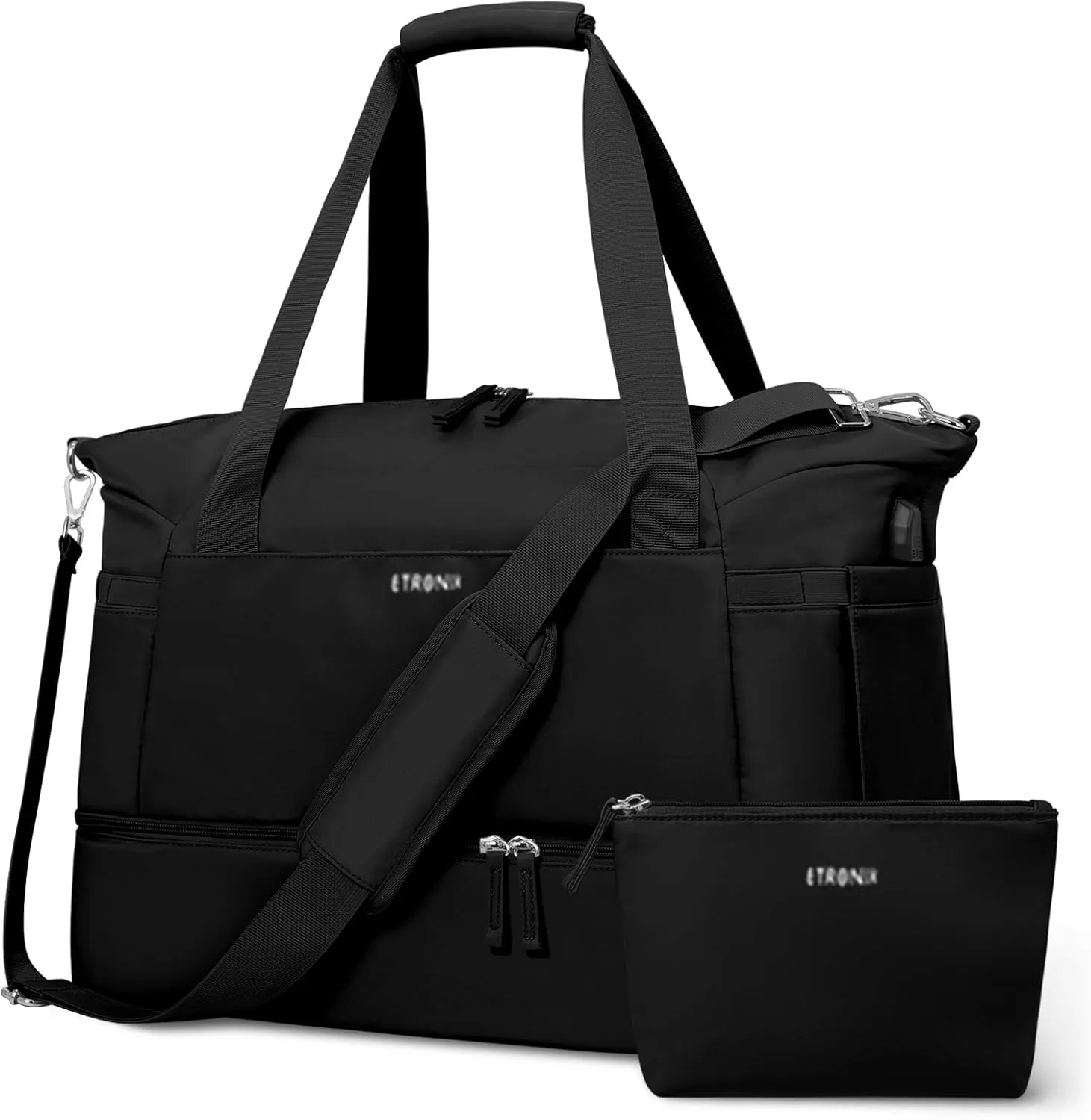 ETRONIK Gym Bag for Women, 47L Carry On Travel Duffel Bag with Shoes Compartment, Weekender Overnight Bag with Wet Pocket & USB Charging Port for Women, Travel, Gym, Weekend, Large Size (Black)