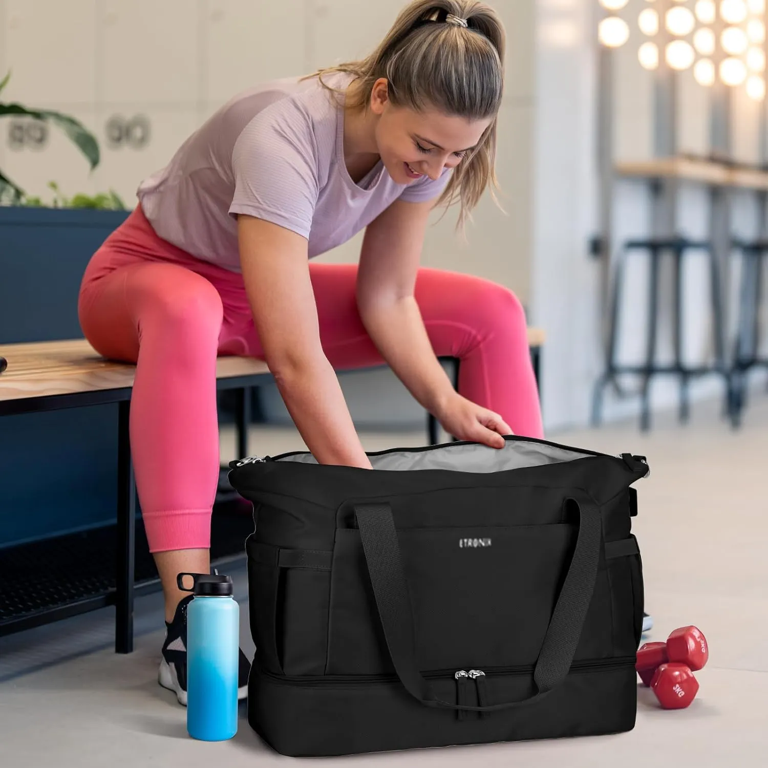 ETRONIK Gym Bag for Women, 47L Carry On Travel Duffel Bag with Shoes Compartment, Weekender Overnight Bag with Wet Pocket & USB Charging Port for Women, Travel, Gym, Weekend, Large Size (Black)