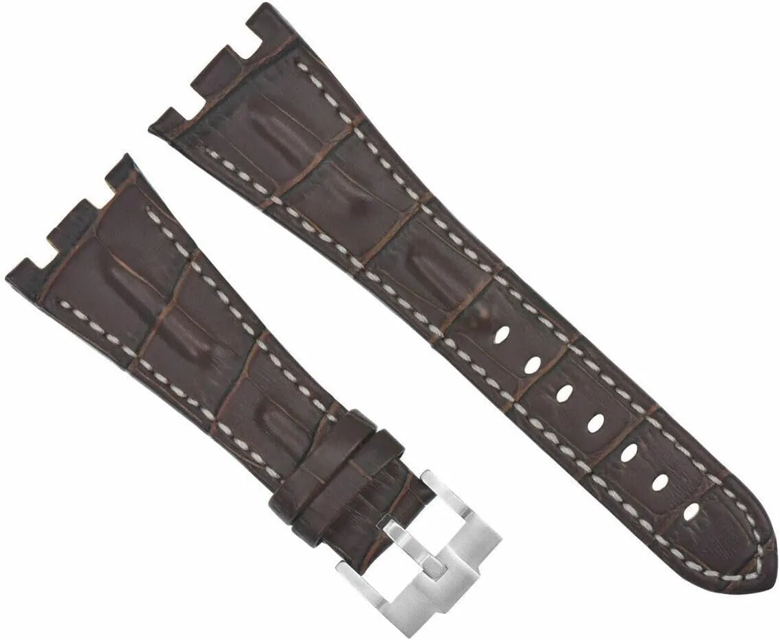 Ewatchparts 28mm Leather Watch Band Strap Compatible With Ap 42mm Audemars Piguet Roo Brown White