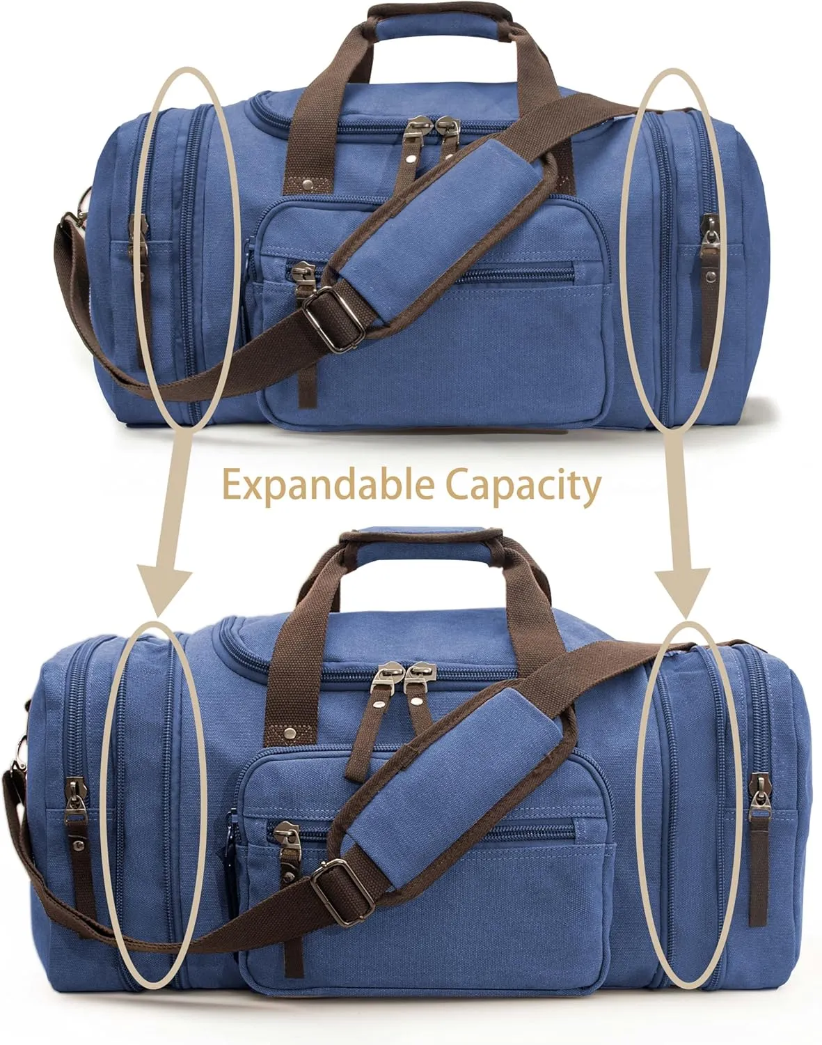 Expandable 60L Large Capacity Canvas Travel Bag With Adjustable Shoulder Strap Big Heavy Duty Crossbody Weekend Bag Travel Tote Carry On Luggage (Blue)