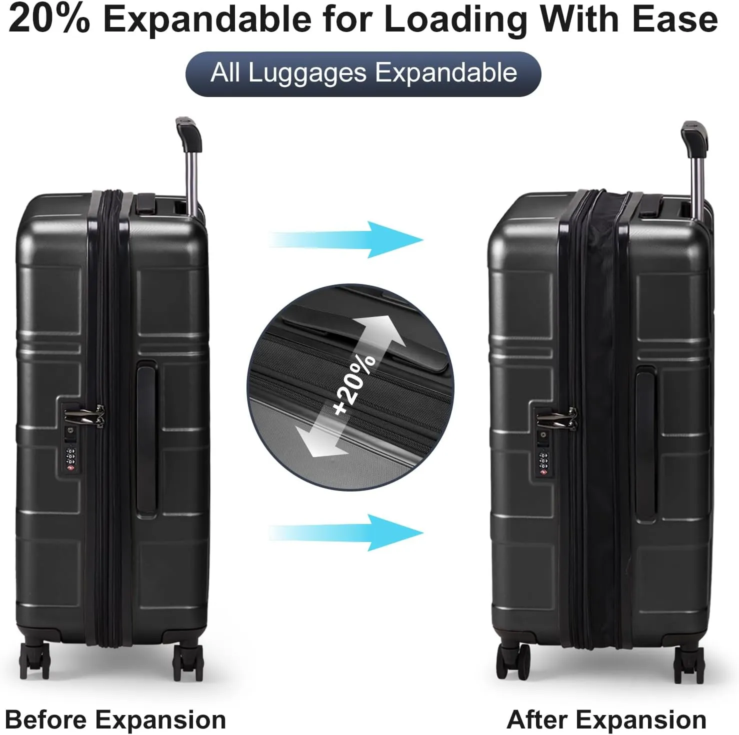 Expandable Carry on Luggage 22x14x9 Airline Approved, ABS PC HardShell Small Suitcase with Wheels, Waterproof Durable Carry on Suitcase with TSA Lock for Travel Business - Black, 20In