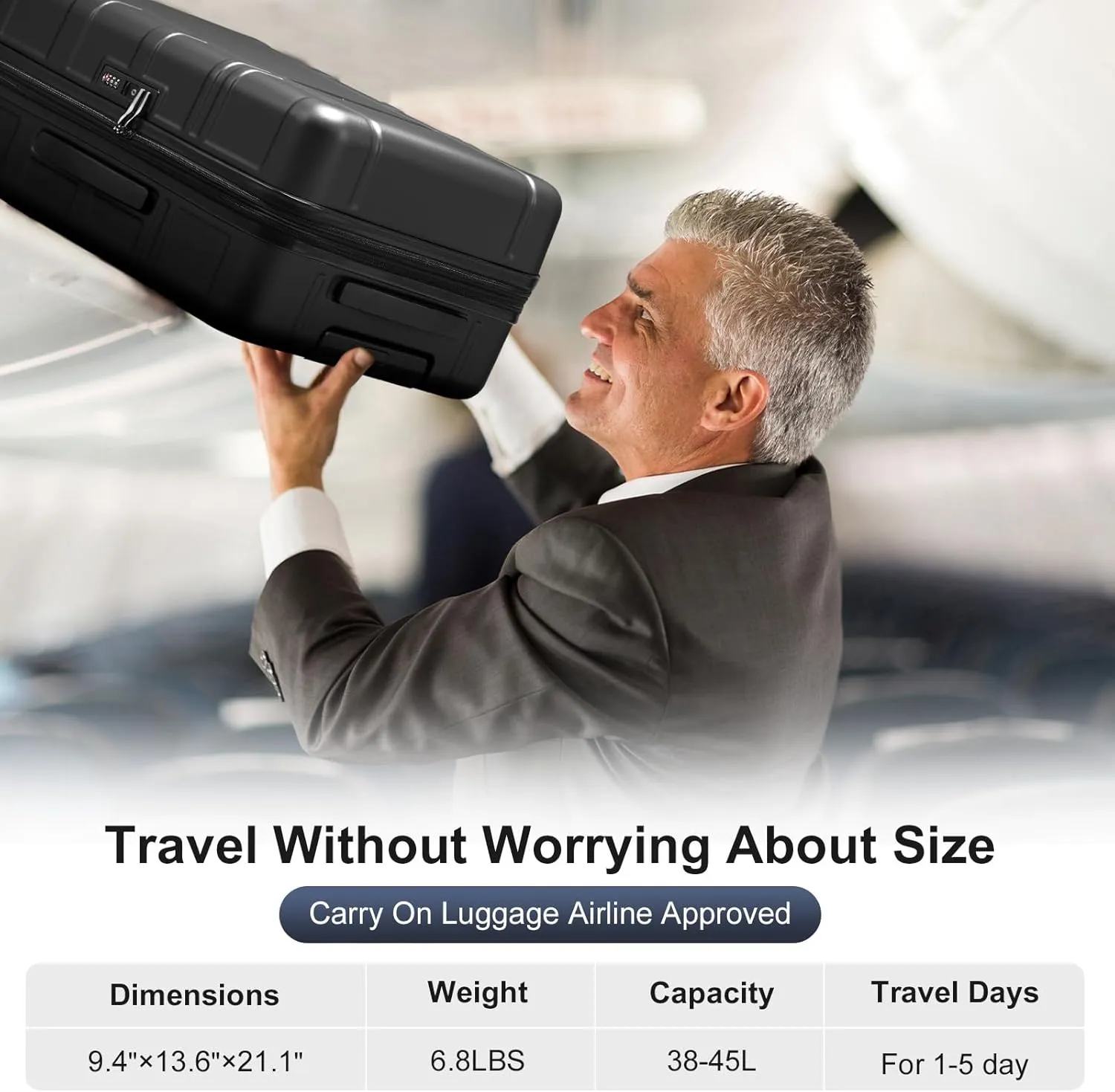 Expandable Carry on Luggage 22x14x9 Airline Approved, ABS PC HardShell Small Suitcase with Wheels, Waterproof Durable Carry on Suitcase with TSA Lock for Travel Business - Black, 20In