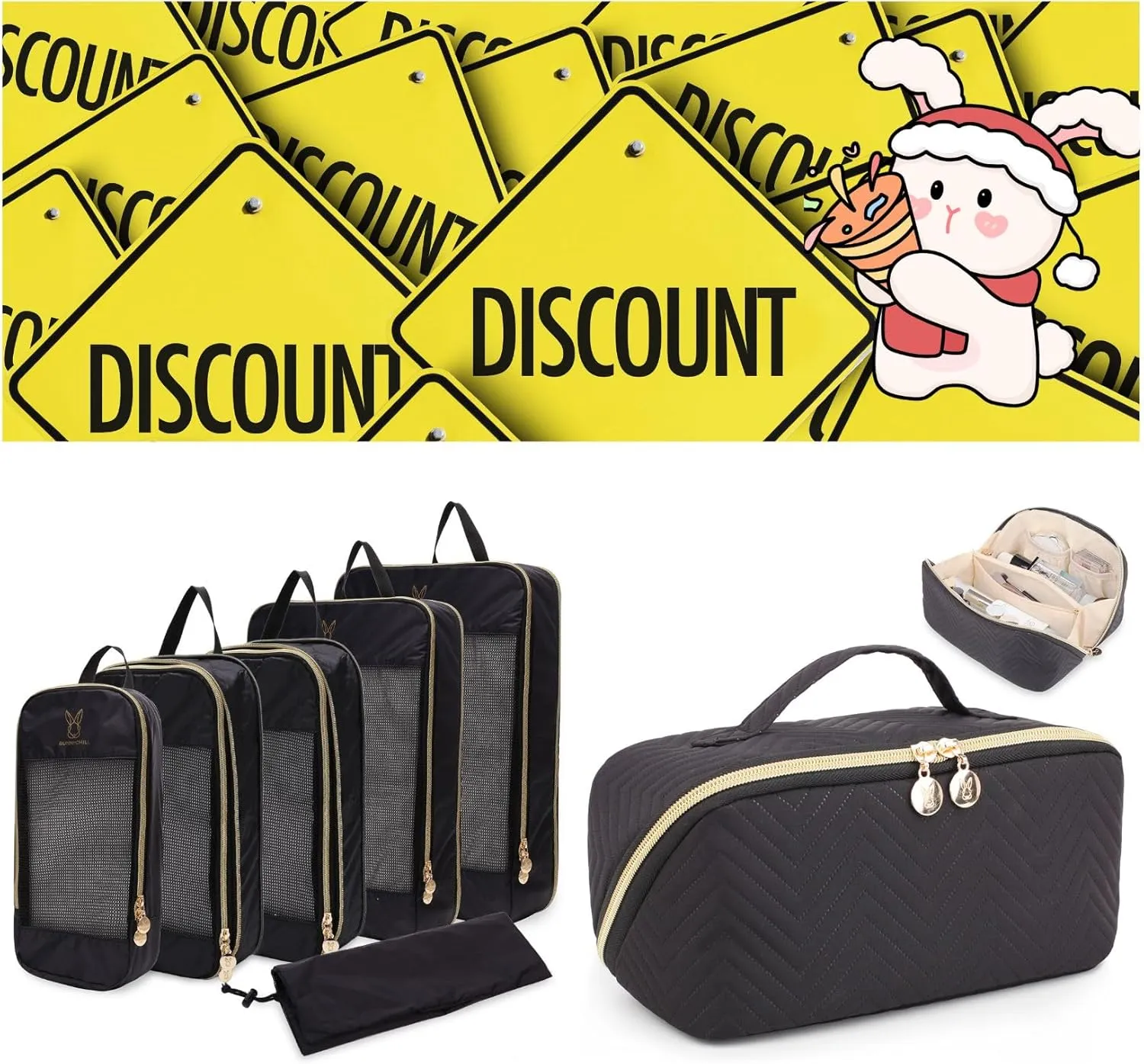 Expandable Compression Packing Cubes for Suitcases (Black) & Makeup Bag Cosmetic Bag (Black)