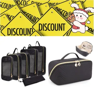 Expandable Compression Packing Cubes for Suitcases (Black) & Makeup Bag Cosmetic Bag (Black)