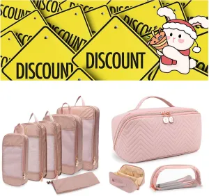 Expandable Compression Packing Cubes for Suitcases (Pink) & Makeup Bag Cosmetic Bag (Pink)