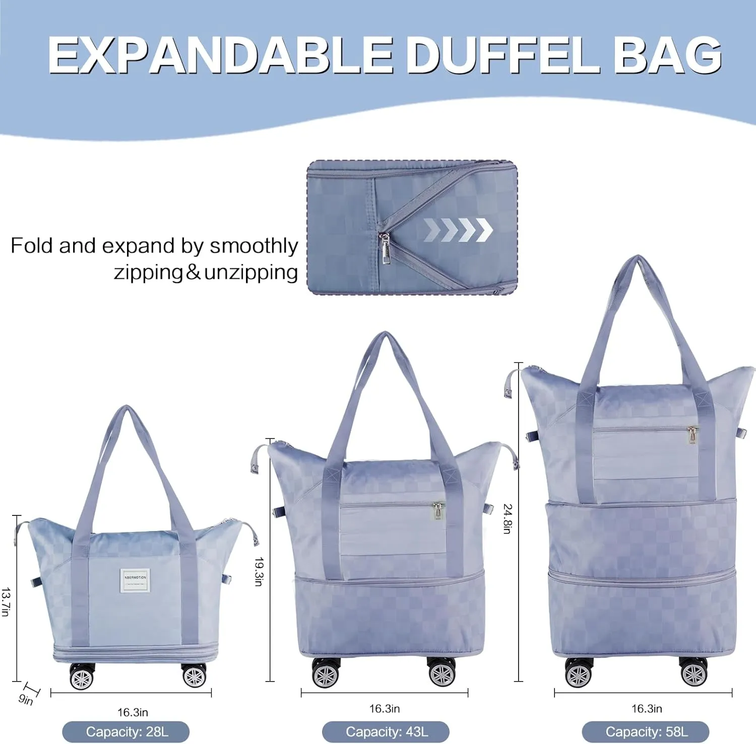 Expandable Rolling Duffle Bag - Large Carry-On With Spinner Wheels, Foldable Weekend Travel Bag, 28-58L Capacity(Blue)