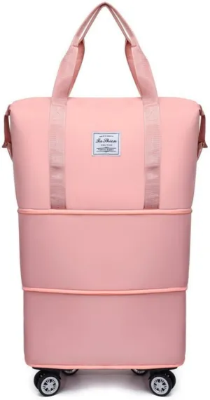 Expandable Travel Bag, Travel Tote Bag with Trolley Sleeve, Extra Duffel Bag with Removable Wheels, Foldable Suitcase for Outdoor Action, Overnight Weekend (Pink)
