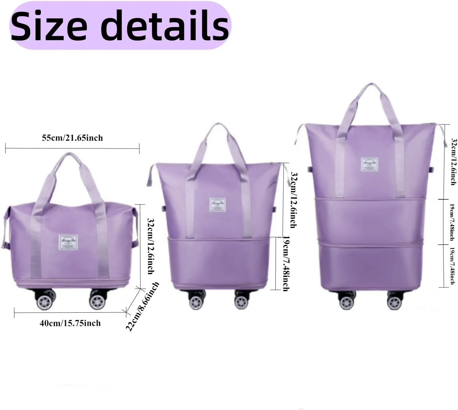 Expandable Travel Bag, Travel Tote Bag with Trolley Sleeve, Extra Duffel Bag with Removable Wheels, Foldable Suitcase for Outdoor Action, Overnight Weekend (Pink)
