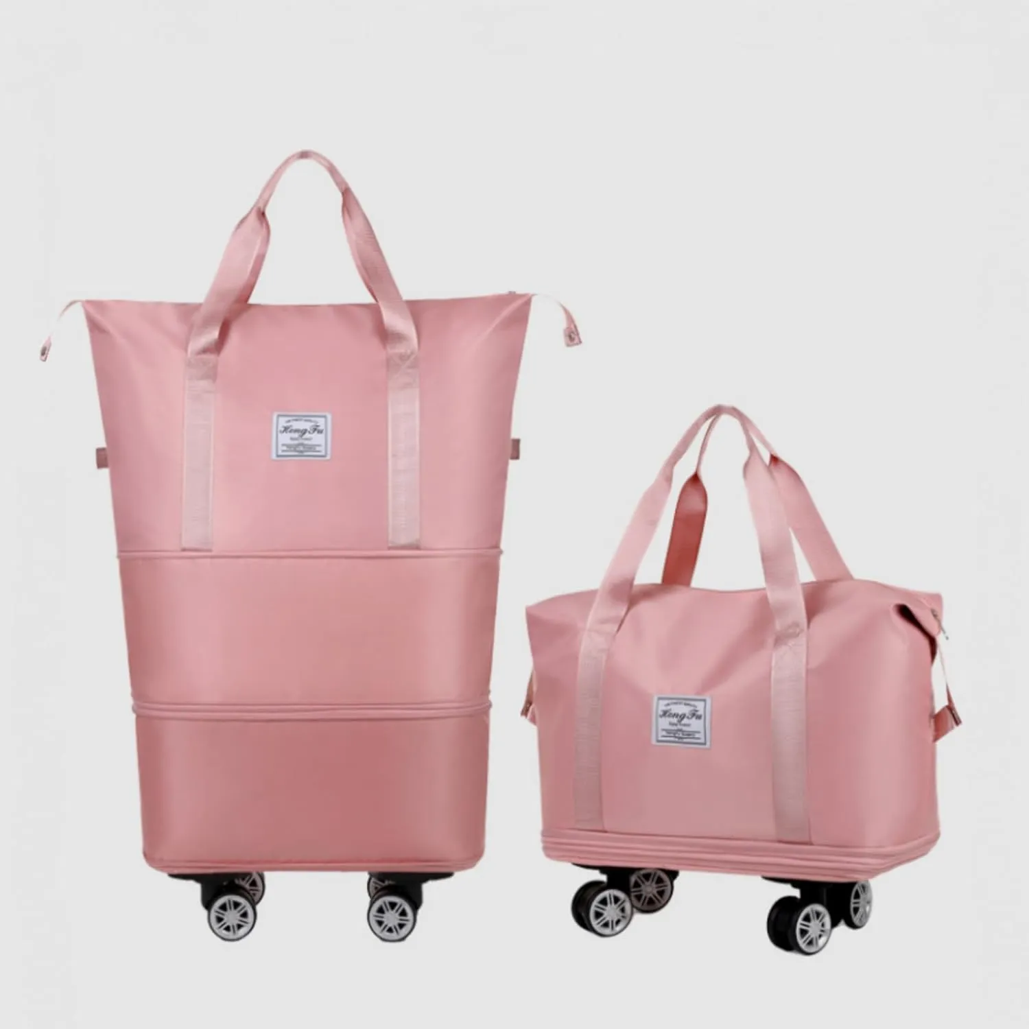 Expandable Travel Bag, Travel Tote Bag with Trolley Sleeve, Extra Duffel Bag with Removable Wheels, Foldable Suitcase for Outdoor Action, Overnight Weekend (Pink)