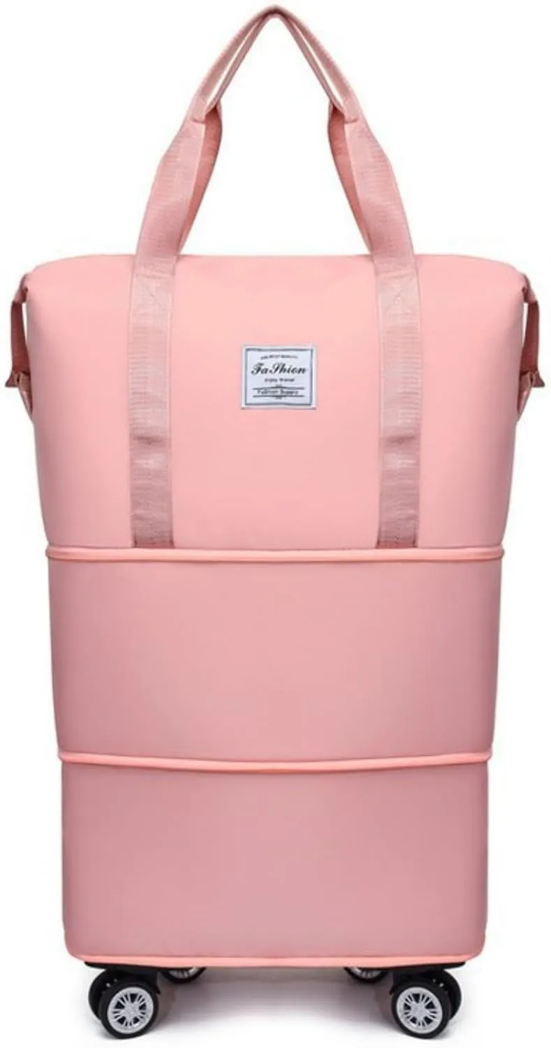 Expandable Travel Bag, Travel Tote Bag with Trolley Sleeve, Extra Duffel Bag with Removable Wheels, Foldable Suitcase for Outdoor Action, Overnight Weekend (Pink)