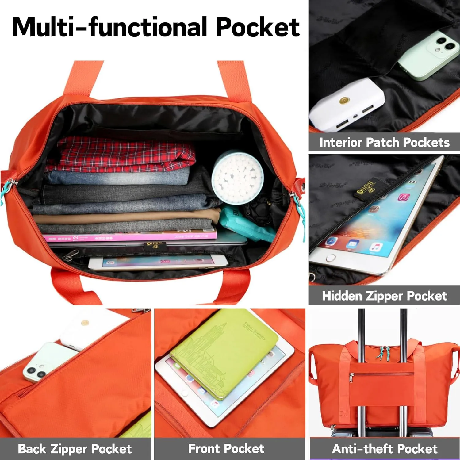 Expandable Travel Duffle Bag for Women Men, Lightweight Foldable Travel Tote Bags Gym Bag, Large Waterproof Carry On Weekender Overnight Bag with Wet Pocket for Workout, Fitness, Shopping Wine Red