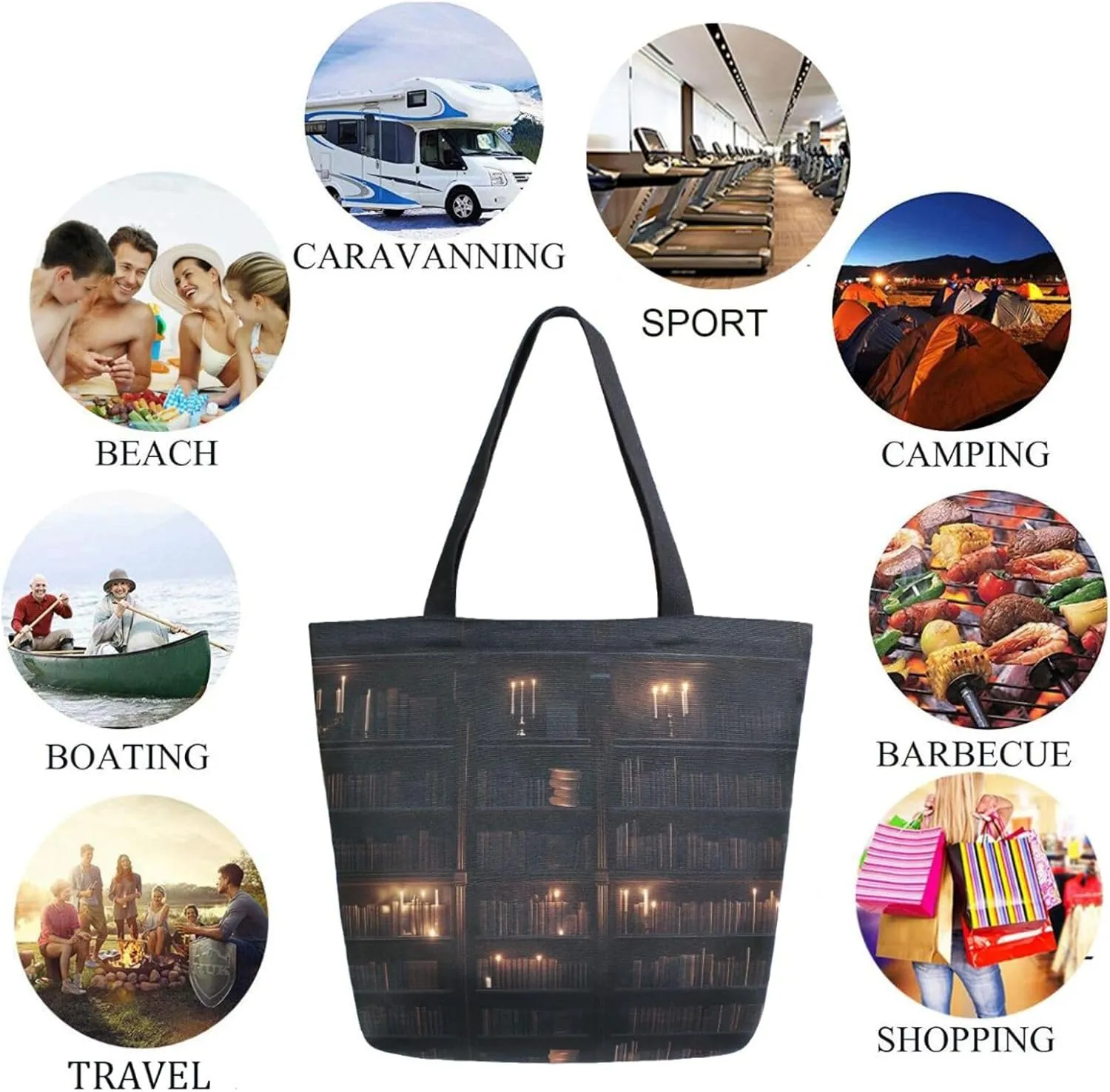 Extra Large Shoulder Gym Tote Bag, Rero Multi-storied Books Bookshelf Library Canvas Handle Bag for Yoga Weekender Picnic Beach Travel Kitchen Reusable Market Grocery Shopping