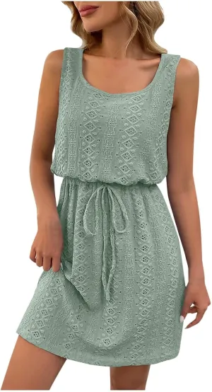 Eyelet Dress for Women 2025 Casual Loose Drawstring Waisted Summer Dress Crewneck Sleeveless Sundresses Short