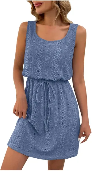 Eyelet Dress for Women 2025 Casual Loose Drawstring Waisted Summer Dress Crewneck Sleeveless Sundresses Short