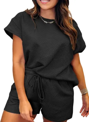 Eytino Women Plus Size 2 Piece Outfits Sweatsuit Short Sleeve Pullover Tops and Drawstring Shorts Pants(1X-5X)