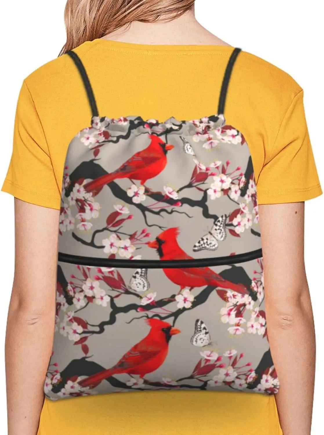 Famame Cardinal And Blooming Cherry Drawstring Backpack String Bag Sackpack For Gym Shopping Beach Sport Yoga