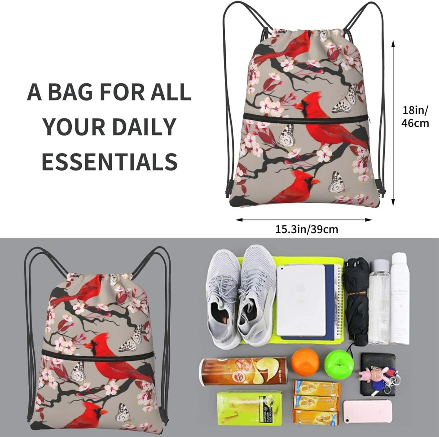 Famame Cardinal And Blooming Cherry Drawstring Backpack String Bag Sackpack For Gym Shopping Beach Sport Yoga