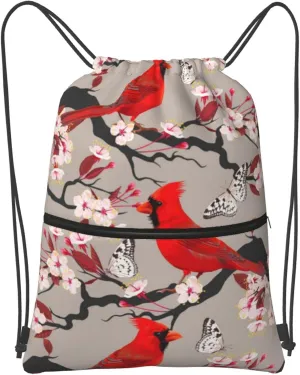 Famame Cardinal And Blooming Cherry Drawstring Backpack String Bag Sackpack For Gym Shopping Beach Sport Yoga