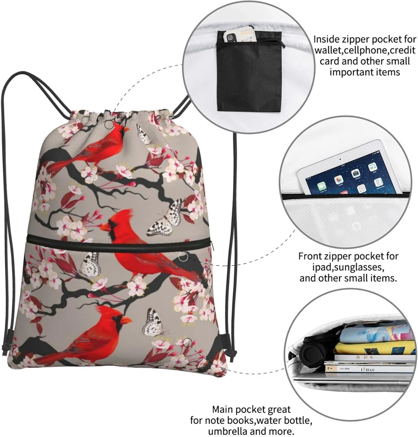 Famame Cardinal And Blooming Cherry Drawstring Backpack String Bag Sackpack For Gym Shopping Beach Sport Yoga