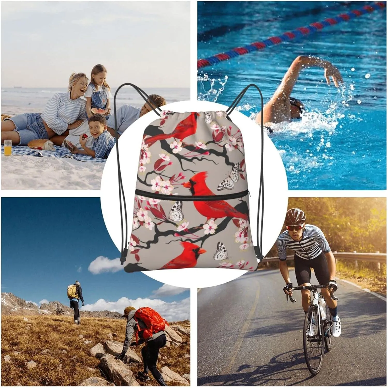 Famame Cardinal And Blooming Cherry Drawstring Backpack String Bag Sackpack For Gym Shopping Beach Sport Yoga