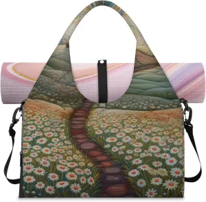 Fantasy Farm Flowers Gym Bag Yoga Mat Tote for Women with Shoes Compartment Lightweight Duffle Travel Carrier Wet Dry Storage Pockets Adjustable Pilates Mats Shoulder Bags for Sport Swim