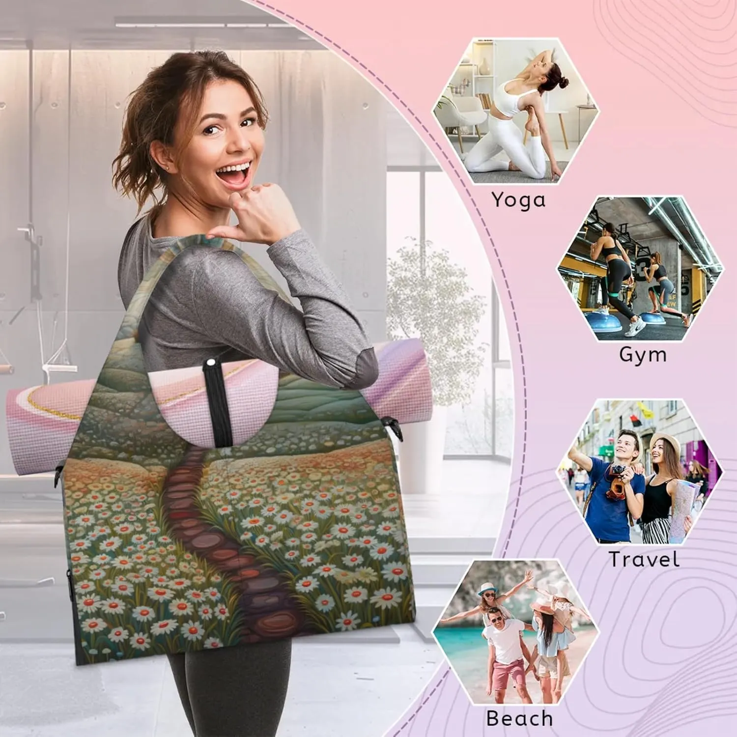 Fantasy Farm Flowers Gym Bag Yoga Mat Tote for Women with Shoes Compartment Lightweight Duffle Travel Carrier Wet Dry Storage Pockets Adjustable Pilates Mats Shoulder Bags for Sport Swim
