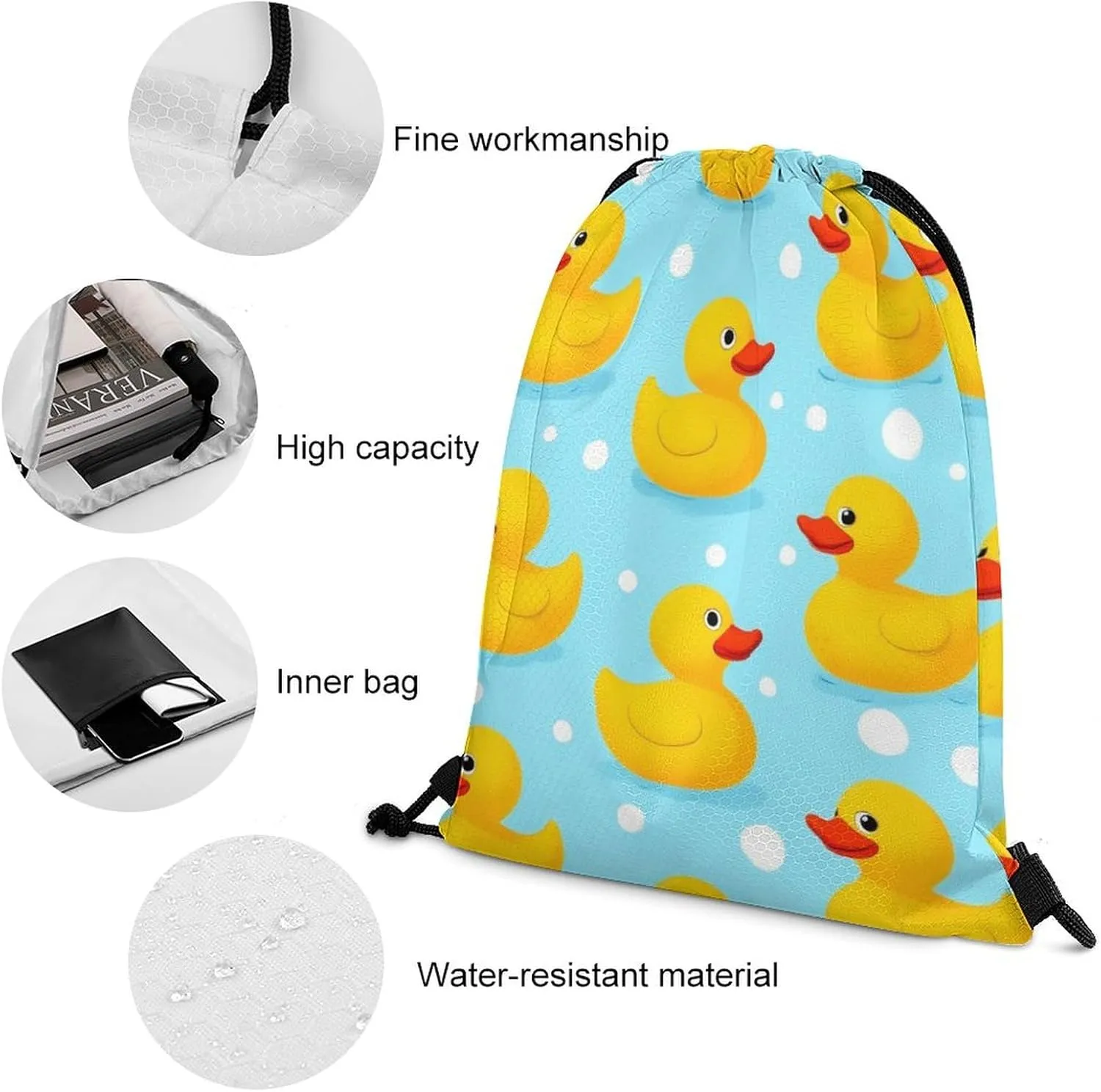 Fashion Adults Drawstring Bag, Yellow Rubber Duck Print Lightweight Backpack with Sturdy Cord Shoulder Strap, Large Capacity Shoulder Bags for Picnics