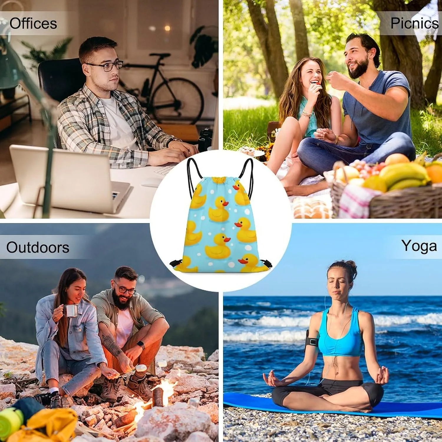 Fashion Adults Drawstring Bag, Yellow Rubber Duck Print Lightweight Backpack with Sturdy Cord Shoulder Strap, Large Capacity Shoulder Bags for Picnics