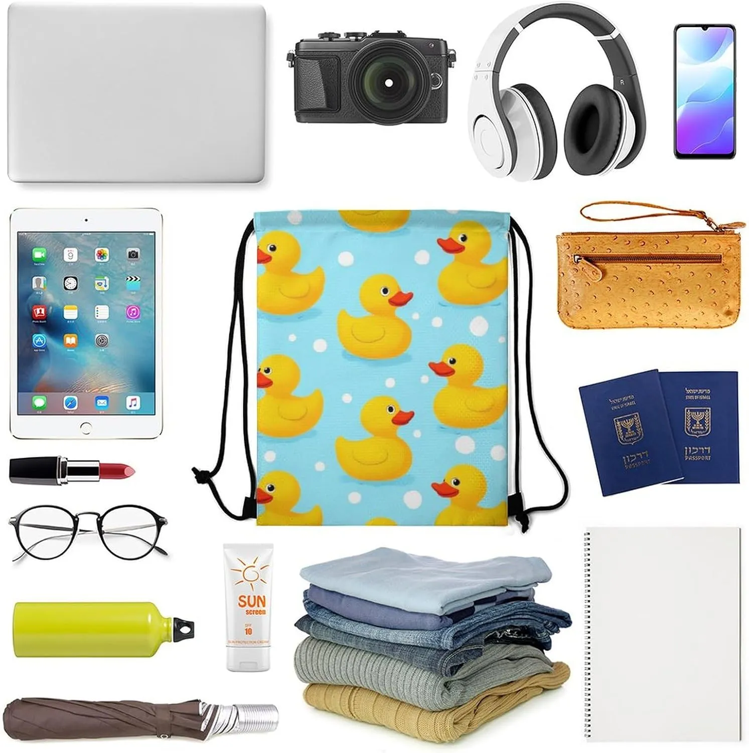 Fashion Adults Drawstring Bag, Yellow Rubber Duck Print Lightweight Backpack with Sturdy Cord Shoulder Strap, Large Capacity Shoulder Bags for Picnics