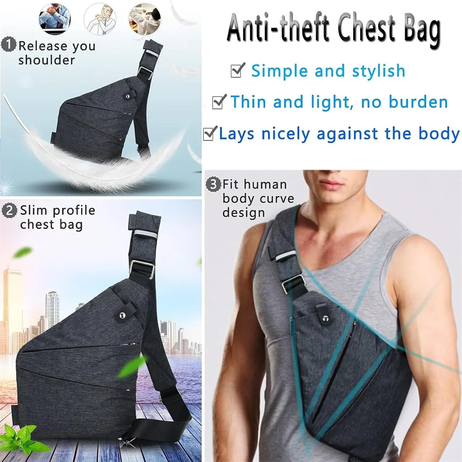 Fashion Anti-Theft Slim Sling Bag,2023 New Sash Bag Personal Pocket Bag for Travel, Side Crossbody Backpack (Black,Right Shoulder)