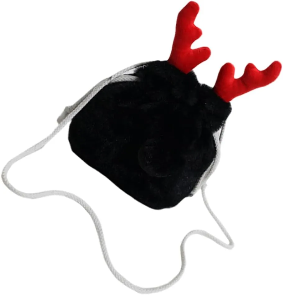 Faux Fur Bag with Reindeer Antlers - Stylish Drawstring Bucket Purse for Women and - for Casual Outings and Holiday Parties Versatile and Fun