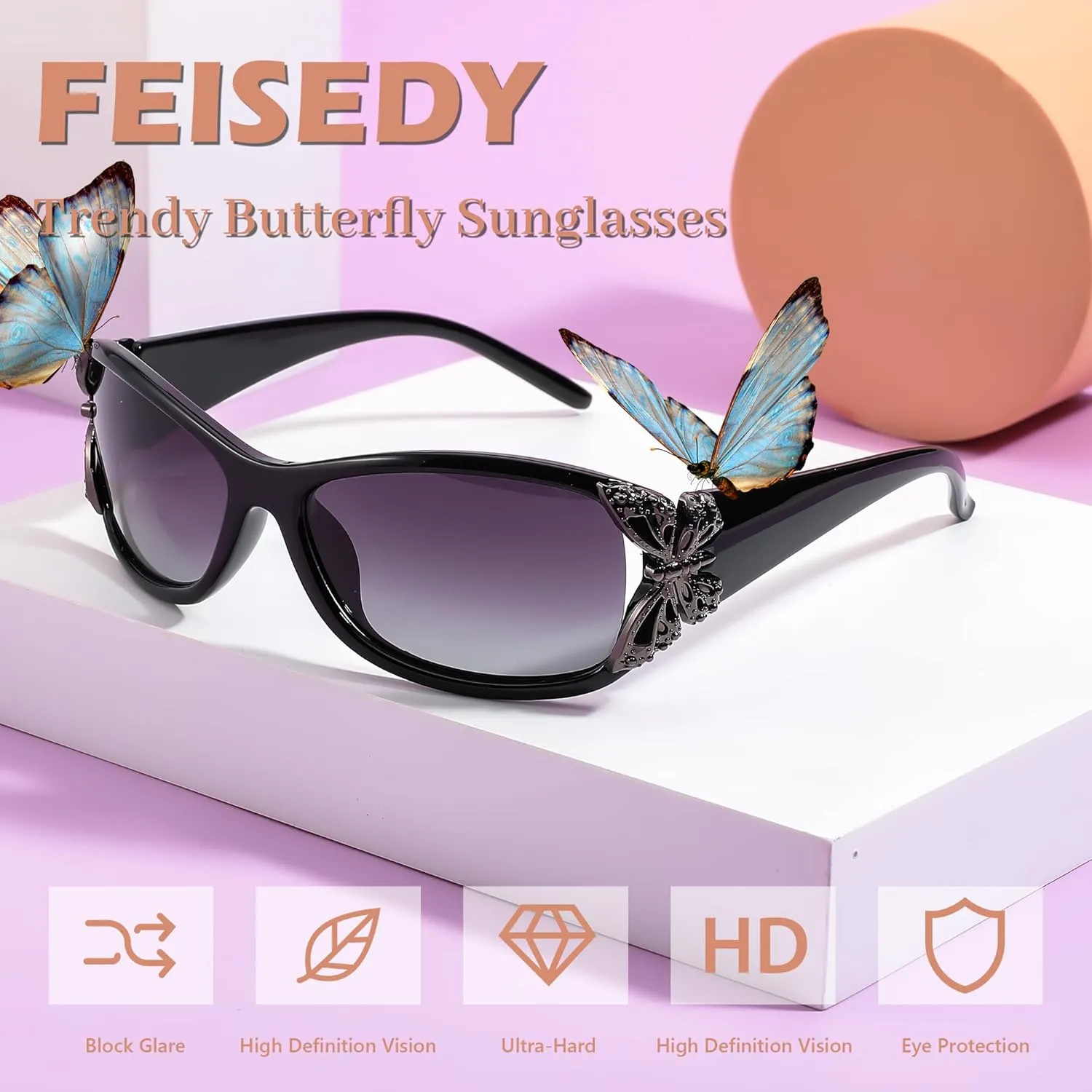 FEISEDY Trendy Polarized Y2K Sunglasses Wrap Around Butterfly Design Fashion Sunnies UV400 Protection B0078