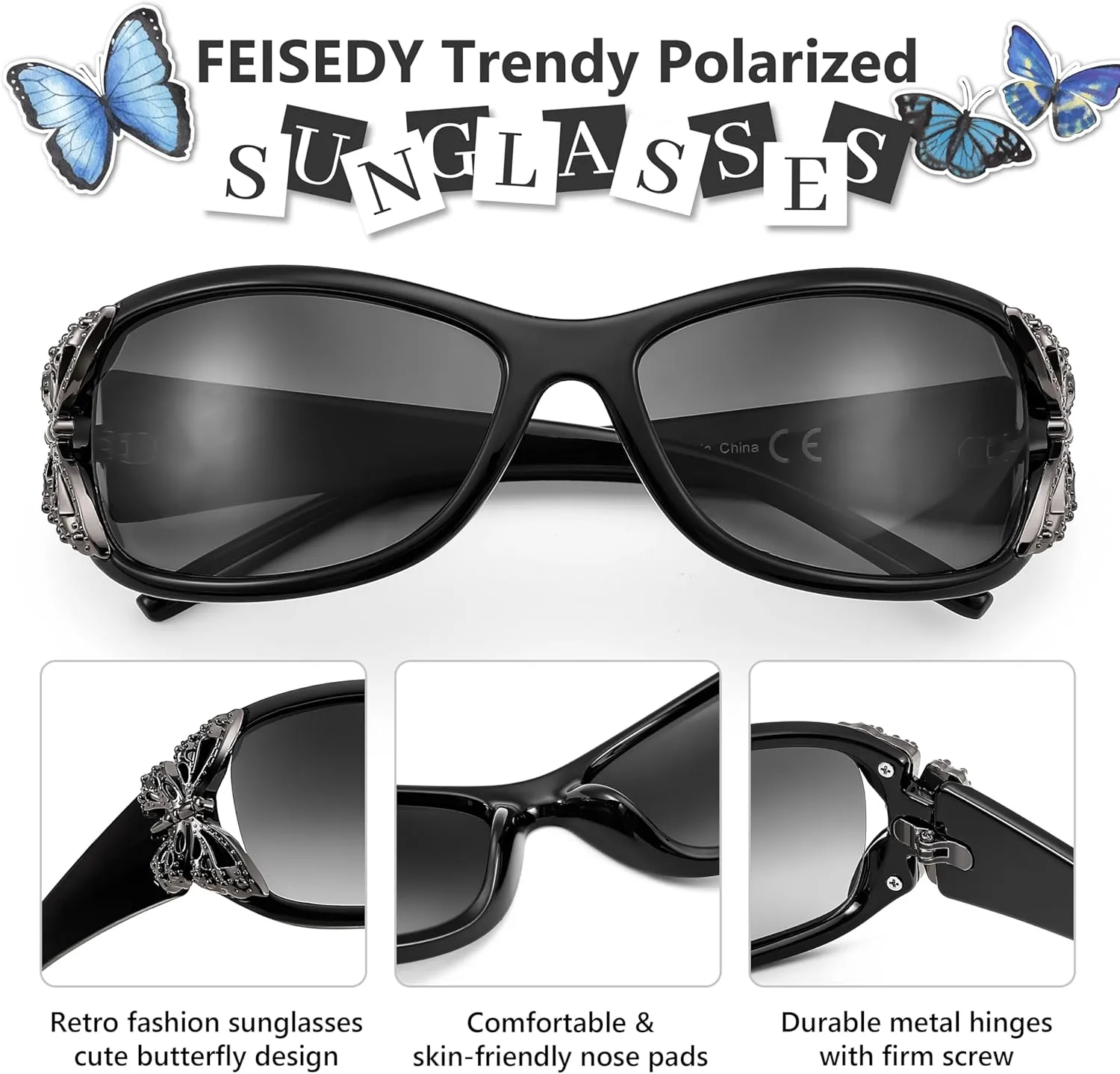 FEISEDY Trendy Polarized Y2K Sunglasses Wrap Around Butterfly Design Fashion Sunnies UV400 Protection B0078