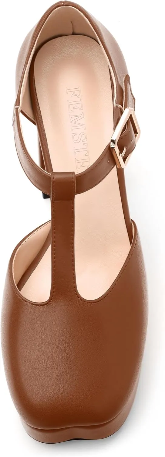 FEMSTEP Women's T-Strap Mary Jane Heels Platform High Block Chunky Square Toe Pumps Party Shopping Dating Daily Wear Dress Shoes