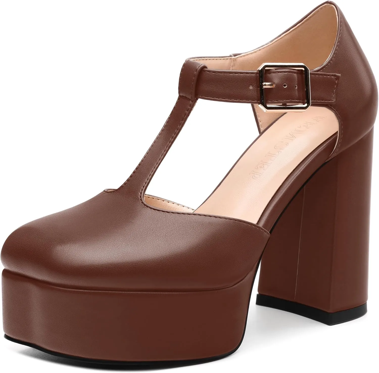 FEMSTEP Women's T-Strap Mary Jane Heels Platform High Block Chunky Square Toe Pumps Party Shopping Dating Daily Wear Dress Shoes
