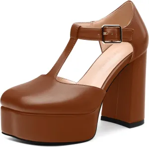 FEMSTEP Women's T-Strap Mary Jane Heels Platform High Block Chunky Square Toe Pumps Party Shopping Dating Daily Wear Dress Shoes