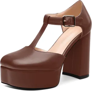 FEMSTEP Women's T-Strap Mary Jane Heels Platform High Block Chunky Square Toe Pumps Party Shopping Dating Daily Wear Dress Shoes